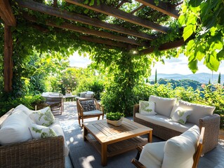 Fototapeta premium Backyard garden with a wooden pergola covered in climbing roses and comfortable outdoor furniture