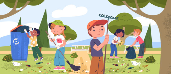 Children clean up park. School kids volunteers cleaning city garden outdoor, child collect litter in trash bag cleanup garbage eco environment protection classy vector illustration