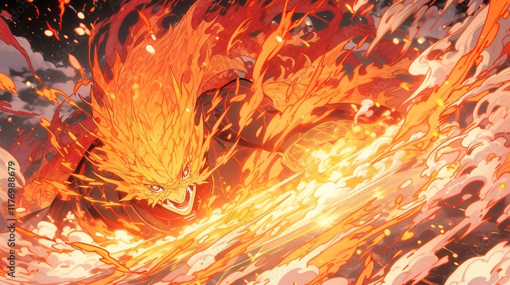 Poster fiery lava explosion with anime text, vibrant flames engulfing molten rock, dynamic colors creating 