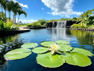 Backyard water garden with a cascading waterfall, lily pads, and shimmering fish in a serene pond