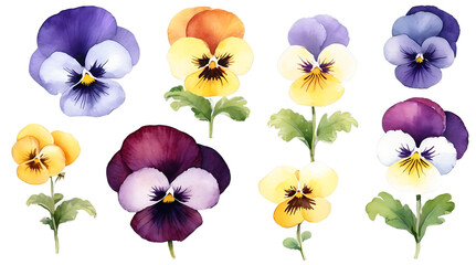Watercolor Pansies Set with Hand-Painted Flowers Isolated on Transparent Background