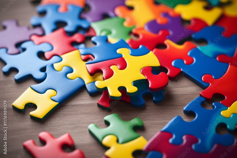Aufkleber colorful jigsaw puzzle pieces forming a complex and engaging problem solving activity on a wooden ta