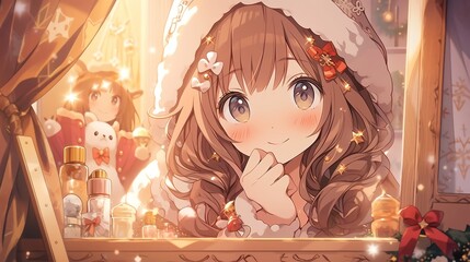Festive Anime Santa Girl, a cheerful character in a vibrant red and white outfit, embodies the spirit of Christmas with her playful demeanor and holiday-themed accessories.