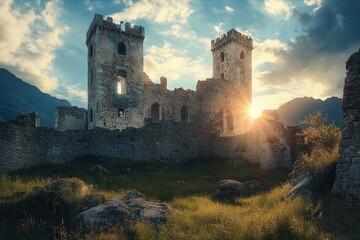 Fototapeta premium Sunset illuminates ancient castle ruins in a tranquil mountain landscape