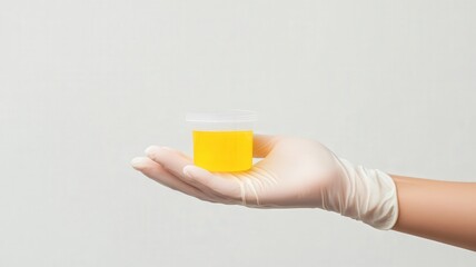 Hand holding a urine sample in a medical setting.