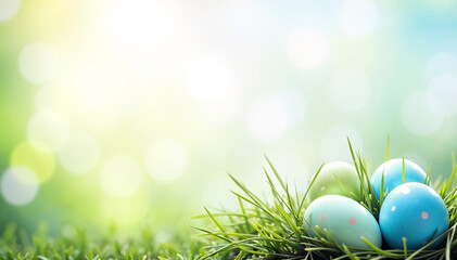 Pastel blue Easter eggs hidden in the traditional Easter grass.