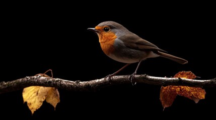 Colorful bird perched on branch with autumn leaves against dark background