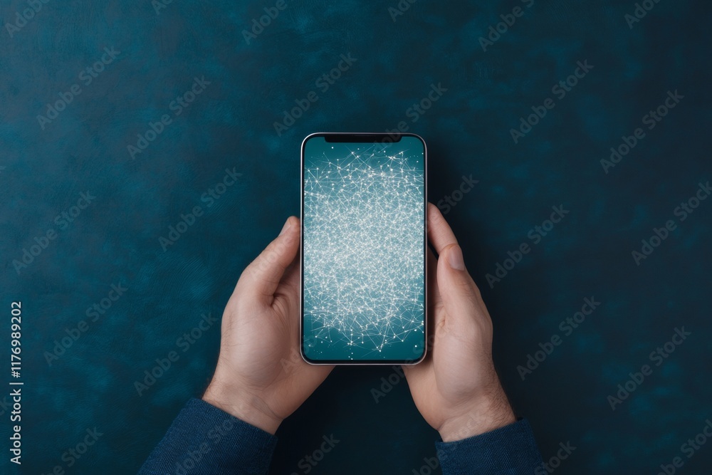 Poster Hands Holding Smartphone with Encrypted Messaging App Interface Amid Blue Geometric Light Patterns