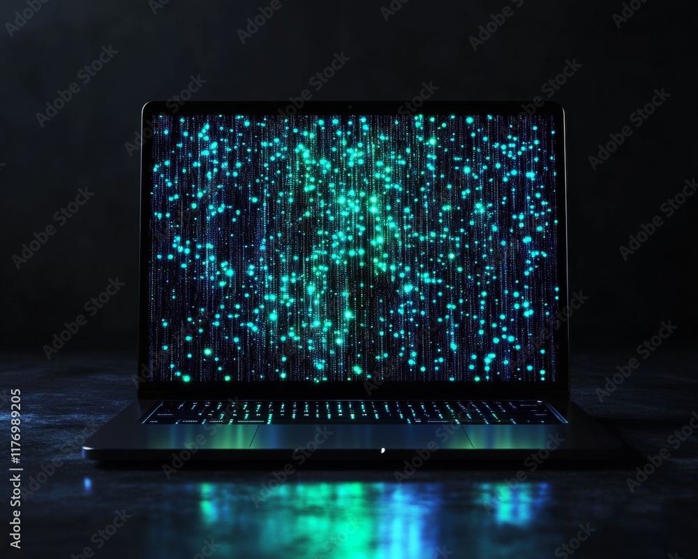 Poster Futuristic Digital Security Concept with Laptop and Dynamic Light Patterns
