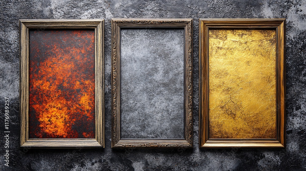 Poster three ornate frames showcasing different textured backgrounds on a dark surface