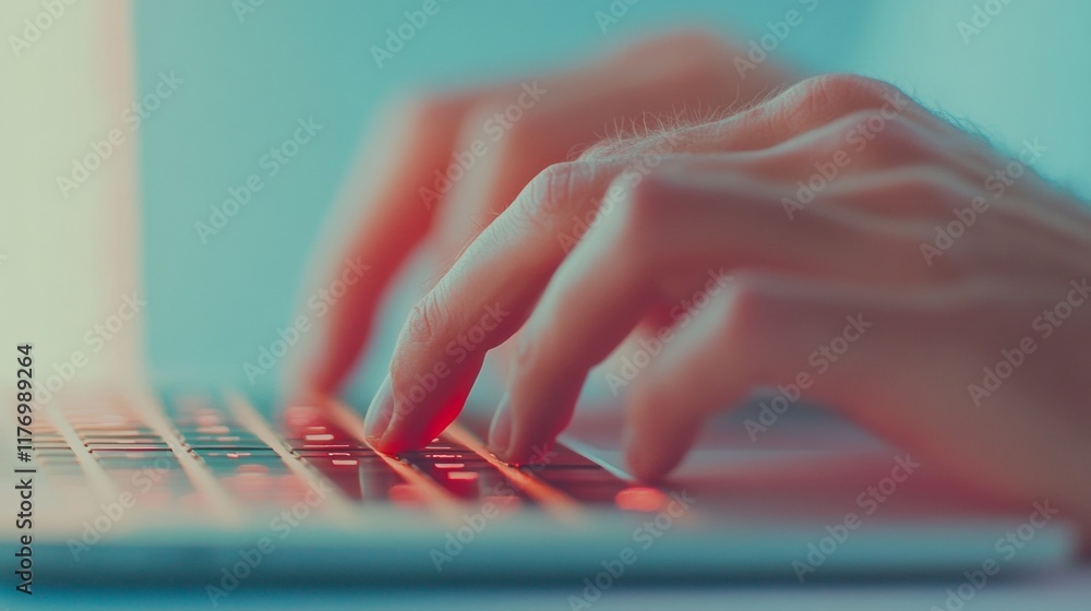 Aufkleber Close-Up of Hands Typing on Laptop Keyboard with Blue Glow - Digital Security Concept