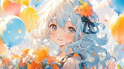 Anime girl character design, vibrant hair colors, whimsical outfit, expressive eyes, dynamic pose, fantastical background, showcasing creativity and imagination in a lively style