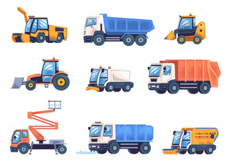City cleaning machines. Urban municipal emergency cars, technic garbage truck street sweeper for wash roads, auto vehicle cleaners tractors cartoon set classy vector illustration