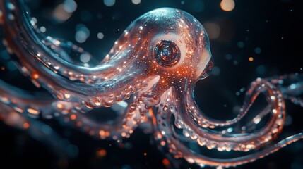 Dreamcore octopus. Glowing dreamy underwater creature. Isolated sea animal on black background.