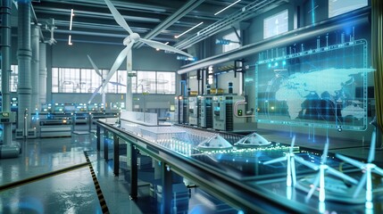 Fototapeta premium A modern industrial facility featuring wind turbines and advanced technology for manufacturing.