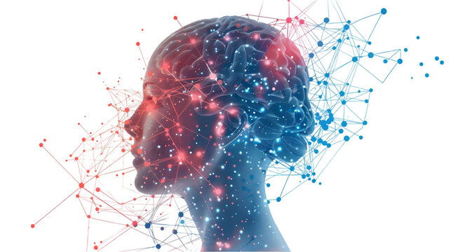 Human head connect to artificial intelligence brain with circuit line isolated on a transparent background
