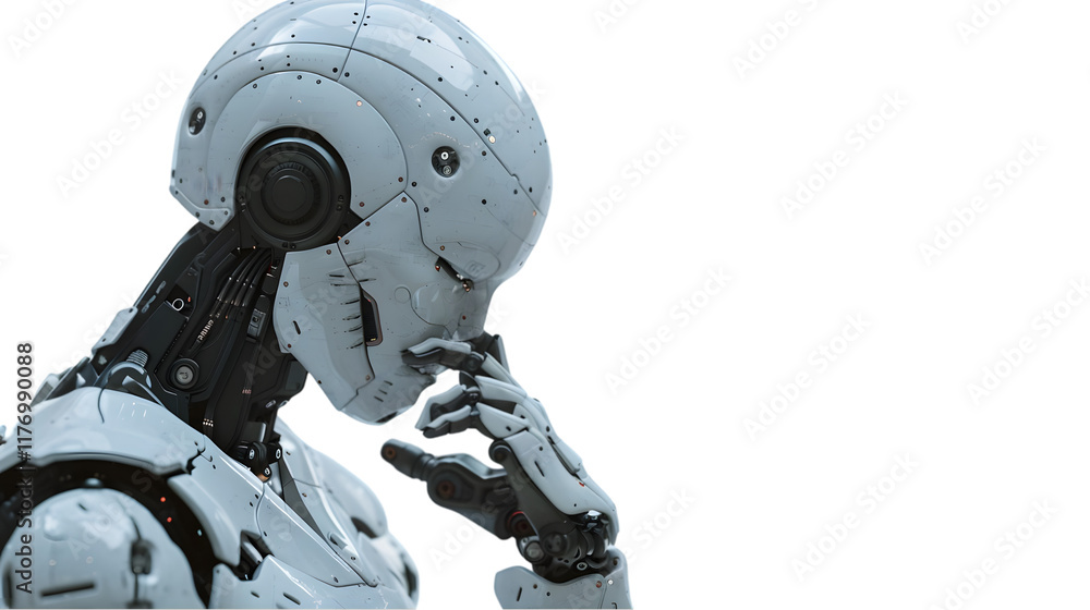 Poster humanlike-robot in a pensive posture and standing isolated on a transparent background