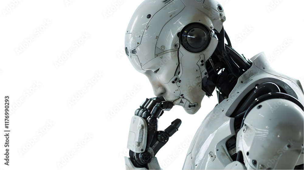 Poster humanlike-robot in a pensive posture and standing isolated on a transparent background