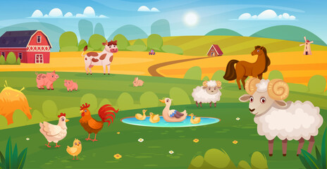 Farm animals yard. Cartoon barnyard scene with walking farming animal domestic pets outside barn, farmyard pasture livestock cow lamb pig chicken group, swanky vector illustration