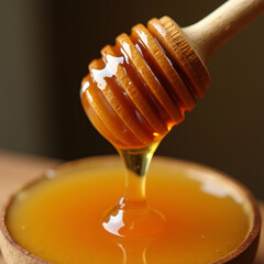 honey dripping from a wooden dipper