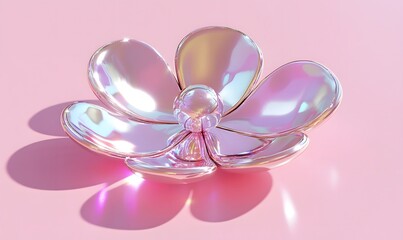 Fototapeta premium Iridescent flower with five petals on a pink surface casting shadows.