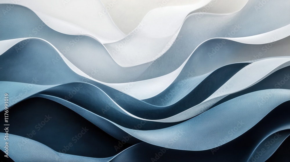 Poster curved abstract waves showcasing variations in height and color across a gradient of blue and white 