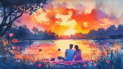 Obraz premium Couple enjoys a romantic sunset by the lake on Valentine's Day, surrounded by vibrant colors and heart shapes, creating a love-filled atmosphere