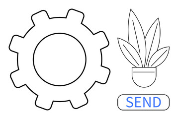 Large gear beside a potted plant and a SEND button. Ideal for themes of productivity, automation, growth, technology, digital communication, efficiency, business processes. Abstract line flat