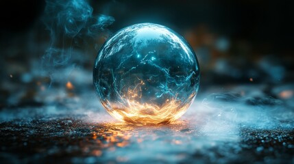 Fiery orb illuminates a desolate landscape in glowing orange and blue hues