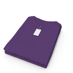 stack of purple folded t-shirt mockup with label isolated on white background