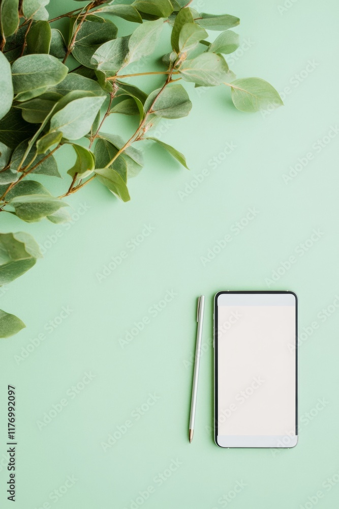 Poster minimalist digital workspace with smartphone and pen on pastel surface
