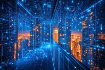 Futuristic cityscape with digital grid and illuminated skyline at night