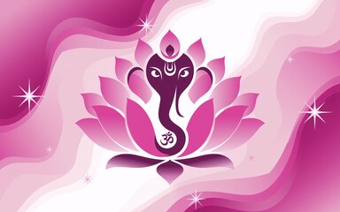 Ganesha with Lotus and Om Symbol, Pink Ganesha in Lotus Flower on Wavy Background.