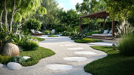 Seasidethemed garden with shells, sand, and ornamental grasses for a coastal vibe