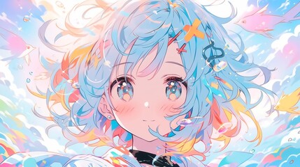 Vibrant Anime Girl Clipart Set, charming collection featuring a cute anime character with a colorful gradient design, transparent background, complemented by soft shadows.