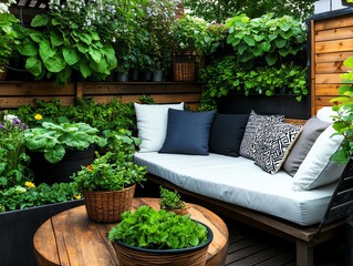 Fototapeta premium Small urban garden with potted plants, vertical planters, and a cozy seating area, perfect for city dwellers
