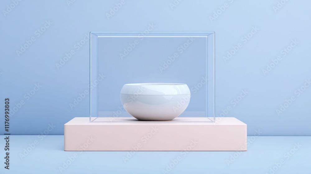 Wall mural Minimalist Product Display: Elegant White Bowl in Glass Cube on Pastel Platform