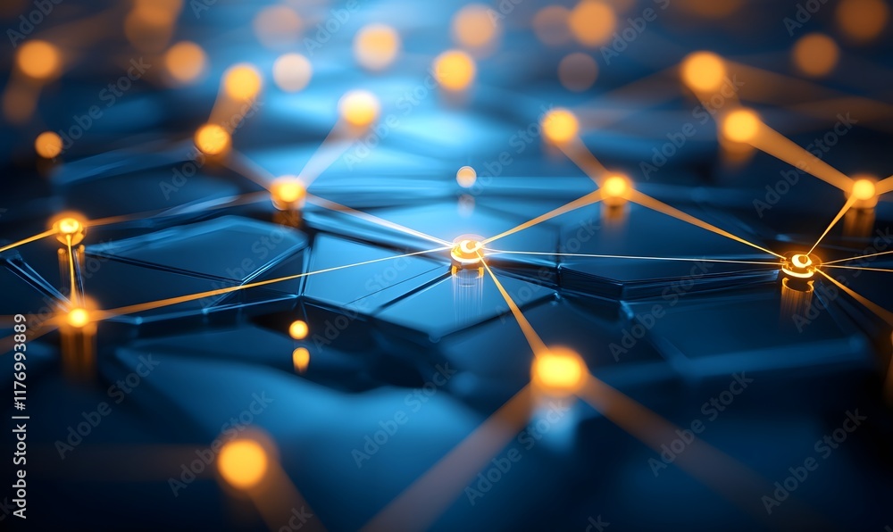Poster network with glowing nodes on dark geometric surface.