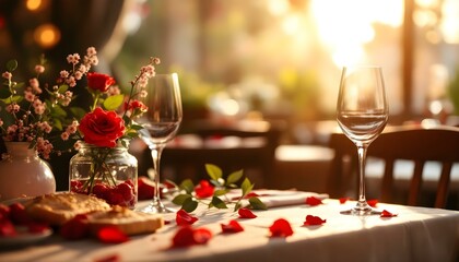 A beautifully set Valentine's Day dinner table featuring fresh flowers and wine glasses, perfect for a romantic evening