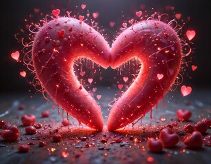 3D Cartoon Intertwined Glowing Hearts: Romantic Scene with Glittering Stars and Scattered Petals