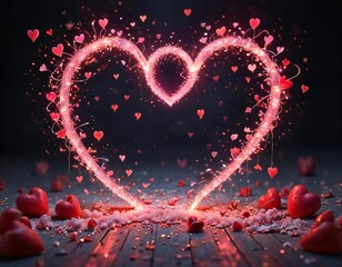 3D Cartoon Intertwined Glowing Hearts: Romantic Scene with Glittering Stars and Scattered Petals