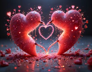 3D Cartoon Intertwined Glowing Hearts: Romantic Scene with Glittering Stars and Scattered Petals