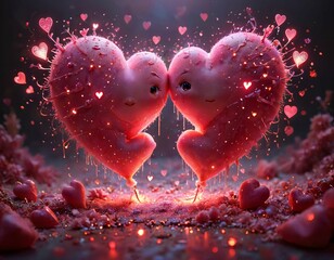 3D Cartoon Intertwined Glowing Hearts: Romantic Scene with Glittering Stars and Scattered Petals