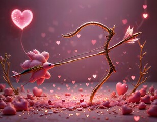 
3D Cartoon Golden Heart Bow with Glowing Pink Heart Arrow: Whimsical and Romantic Fantasy Scene