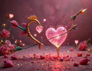 
3D Cartoon Golden Heart Bow with Glowing Pink Heart Arrow: Whimsical and Romantic Fantasy Scene
