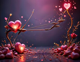 
3D Cartoon Golden Heart Bow with Glowing Pink Heart Arrow: Whimsical and Romantic Fantasy Scene