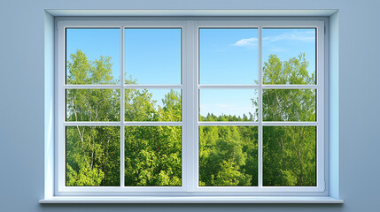 Naklejka premium Bright window view showcasing lush green trees and a clear blue sky on a sunny day