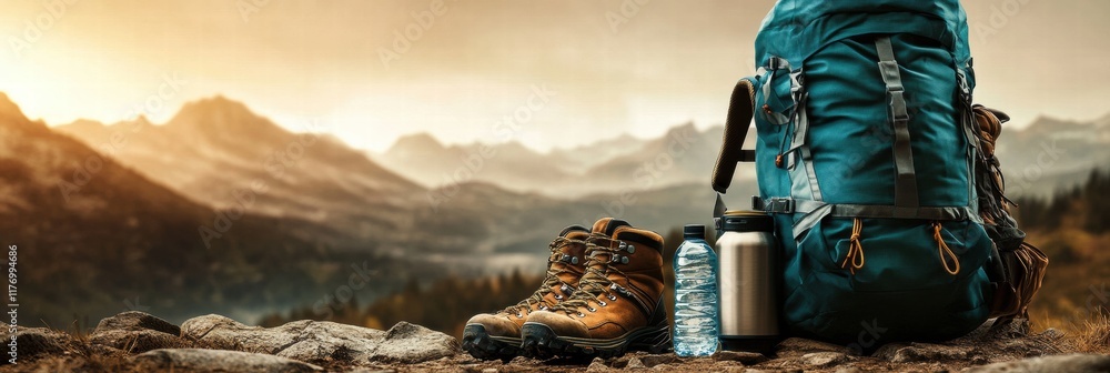 Poster backpacking essentials displayed on rocky terrain during sunset in the mountains. generative ai