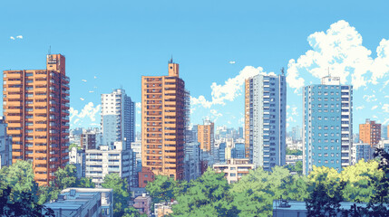 高層ビルがたくさん立ち並ぶ街（イラスト）