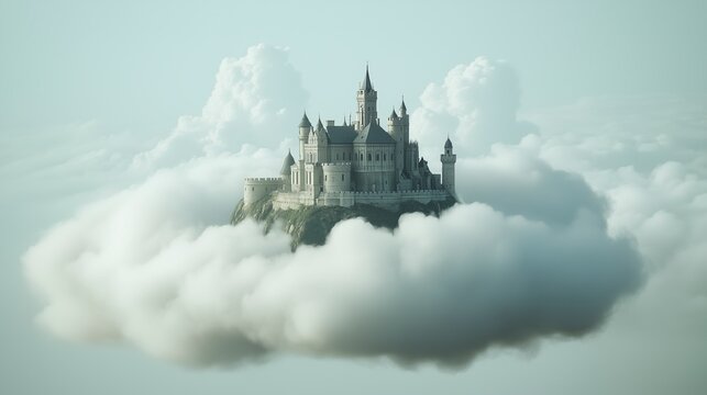 Majestic castle floating above the clouds, representing fantasy, ethereal landscapes, and the concept of unattainable dreams and otherworldly realms.